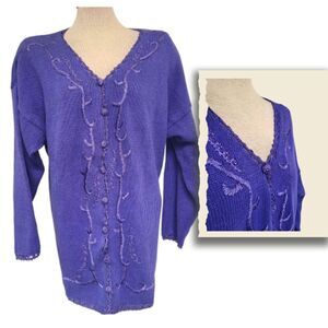 Vtg‎ Cervelle 1X Embroidered Fairy Cottagecore Cardigan Blue Purple Art to Wear
